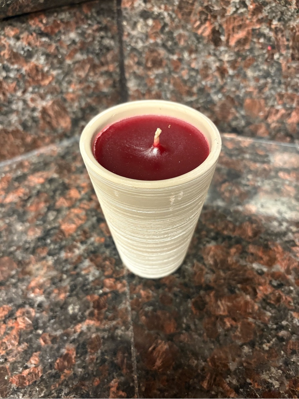 Handmade by me upcycled Red candle in white ceramic holder, scent is cherry